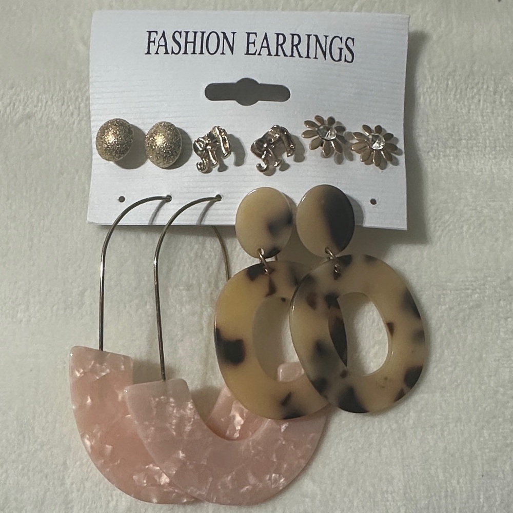 Fashion Earrings Set - Tortoise Shell and Pink